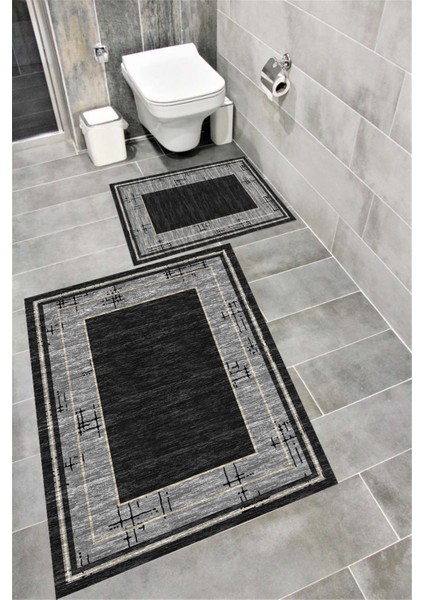 Kaymaz Tabanlı Suya Dayanıklı Dijital Baskılı Banyo Paspası Takımı | Bordo Halı 1523