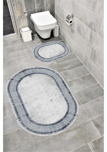 Su Emici Yumuşak Kaymaz Taban Sünger Dolgulu Yıkanabilir Dekoratif Banyo Paspası Takımı Abra Oval