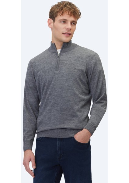 Gri Bato Yaka Jakarlı Yün Karışımlı Triko Kazak fiyatları