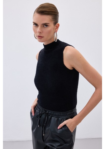 Sıfır Kol Sakallı Triko Bluz - Siyah indirimleri