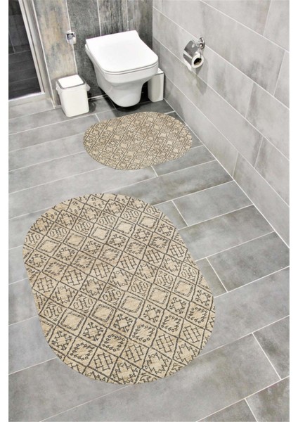 Su Emici Yumuşak Kaymaz Taban Sünger Dolgulu Yıkanabilir Dekoratif Banyo Paspası Takımı 1230 Oval
