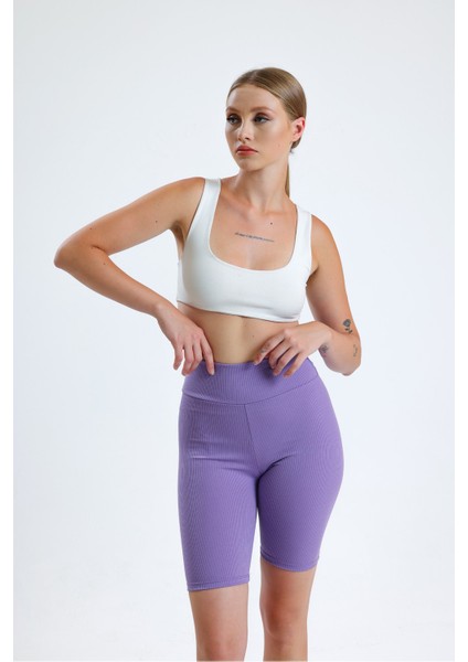 Kadın Mor Yüksek Bel Toparlayıcı Kısa Spor Fitilli Biker Şort Tayt modelleri