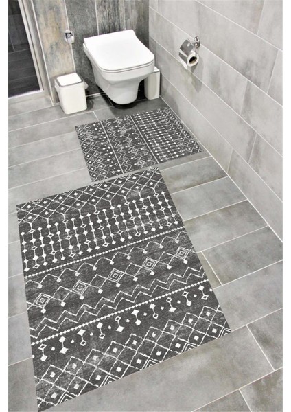 Kaymaz Tabanlı Suya Dayanıklı Dijital Baskılı Banyo Paspası Takımı | Bordo Halı 1588