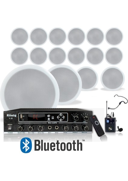 16’lı Tavan Hoparlörlü Yaka Mikrofonlu Bluetooth Anfi Ses Sistemi Seti