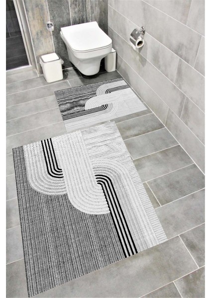 Kaymaz Tabanlı Suya Dayanıklı Dijital Baskılı Banyo Paspası Takımı | Bordo Halı 1508