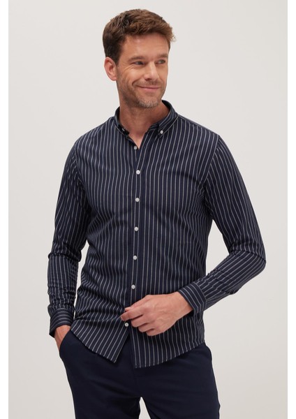 Slim Fit Uzun Kollu Düğmeli Yaka Pamuklu Kolay Ütü Çizgili Erkek Gömlek fırsatları