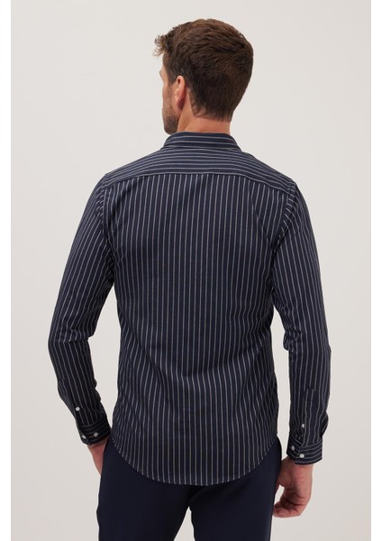 Slim Fit Uzun Kollu Düğmeli Yaka Pamuklu Kolay Ütü Çizgili Erkek Gömlek