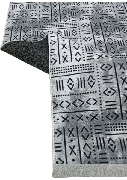 Iskandinav Desen Saçaklı Gri Kaymaz Taban Yıkanabilir Kesme Yolluk Halı