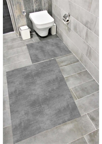 Kaymaz Tabanlı Suya Dayanıklı Dijital Baskılı Banyo Paspası Takımı | Bordo Halı 1655