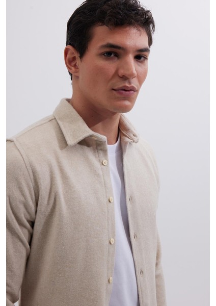 Erkek Slim Fit Dar Kesim Uzun Kollu Düz Kışlık Oduncu bej Gömlek