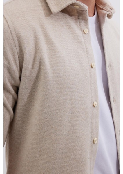 Erkek Slim Fit Dar Kesim Uzun Kollu Düz Kışlık Oduncu bej Gömlek modelleri