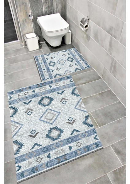 Kaymaz Tabanlı Suya Dayanıklı Dijital Baskılı Banyo Paspası Takımı | Bordo Halı 1603