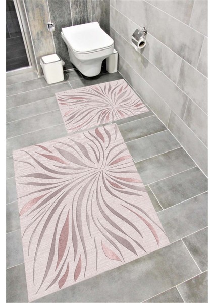 Kaymaz Tabanlı Suya Dayanıklı Dijital Baskılı Banyo Paspası Takımı | Bordo Halı 1529
