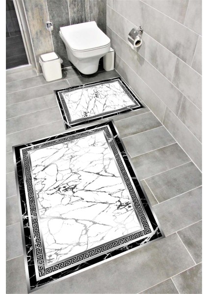 Kaymaz Tabanlı Suya Dayanıklı Dijital Baskılı Banyo Paspası Takımı | Bordo Halı 1664