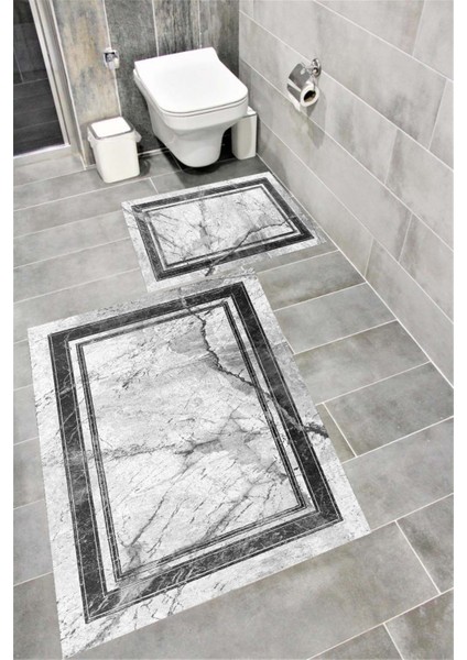 Kaymaz Tabanlı Suya Dayanıklı Dijital Baskılı Banyo Paspası Takımı | Bordo Halı 1669