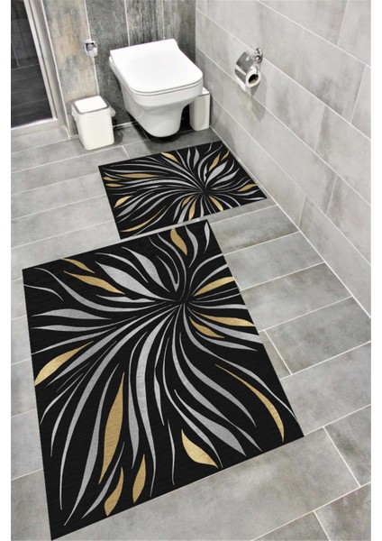 Kaymaz Tabanlı Suya Dayanıklı Dijital Baskılı Banyo Paspası Takımı | Bordo Halı 1526