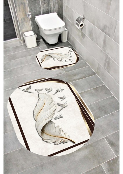 Su Emici Yumuşak Kaymaz Taban Sünger Dolgulu Yıkanabilir Dekoratif Banyo Paspası Takımı Neptünoval