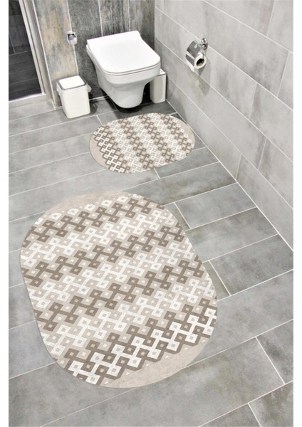Su Emici Yumuşak Kaymaz Taban Sünger Dolgulu Yıkanabilir Dekoratif Banyo Paspası Takımı 1385BEJOVAL