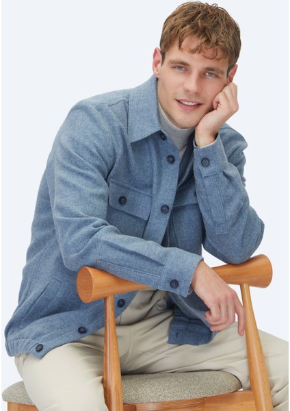Mavi Düz Regular Fit Dokuma Yün Karışımlı Overshırt