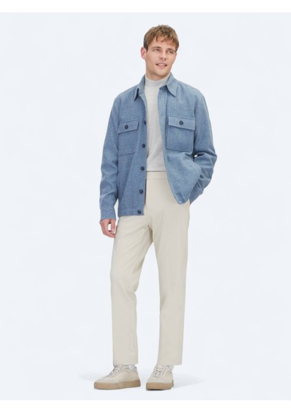 Mavi Düz Regular Fit Dokuma Yün Karışımlı Overshırt modelleri