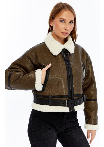 Kadın Kürklü Tokalı Yesil Kısa Crop Mont fiyatları