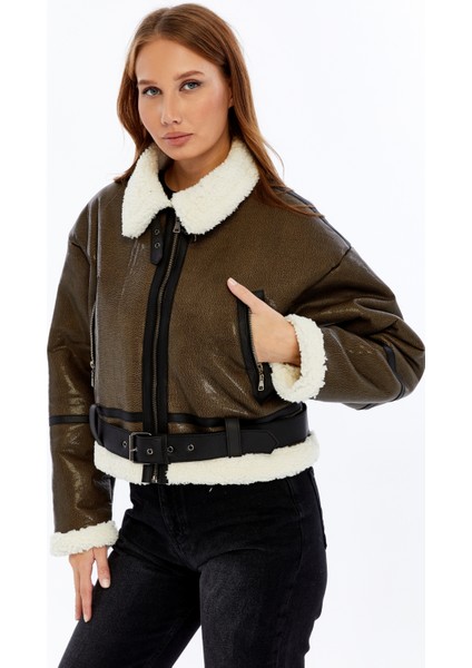 Kadın Kürklü Tokalı Yesil Kısa Crop Mont indirimleri