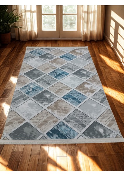 Gri Mavi Kahve Saçaklı Kaymaz Taban Yıkanabilir Kesme Yolluk Salon Mutfak Oturma Odası Halı