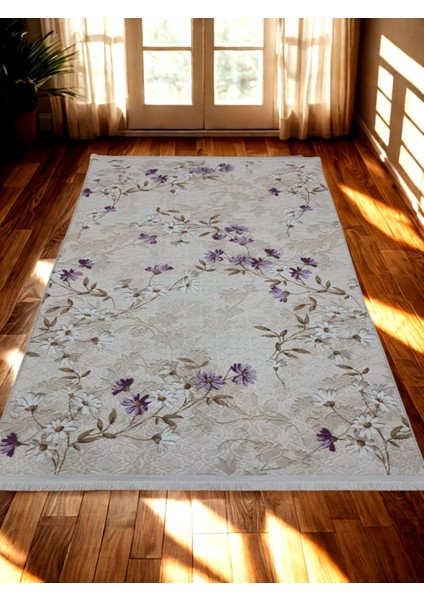 Elit Saçaklı Lial Kahve Çiçekli Kabartmalı Kaymaz Taban Yıkanabilir Kesme Yolluk Halı fiyatları