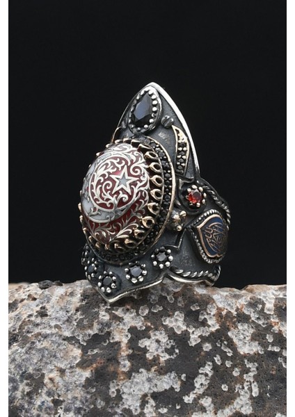 La Galibe Illallah Yazlı ve Ay Yıldızlı Figürlü Ayarlanabilir Zihgir 925 Ayar Gümüş Erkek Yüzük 902340