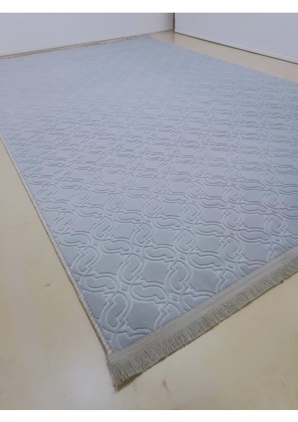 Elit Embos Gri Kabartmalı Saçaklı Kaymaz Taban Yıkanabilir Kesme Yolluk Halı