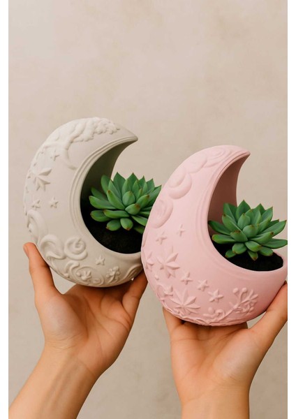 2'li El Yapımı Saksı Seti - Handmade Taş Tozu Dolunay Tasarımlı Sukulent Mumluk Dekoratif Biblo 8 cm