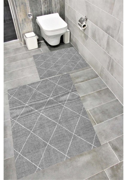 Kaymaz Tabanlı Suya Dayanıklı Dijital Baskılı Banyo Paspası Takımı | Bordo Halı 1572