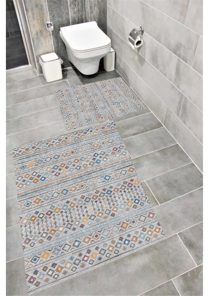 Kaymaz Tabanlı Suya Dayanıklı Dijital Baskılı Banyo Paspası Takımı | Bordo Halı 1599