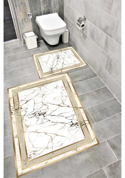 Kaymaz Tabanlı Suya Dayanıklı Dijital Baskılı Banyo Paspası Takımı | Bordo Halı 1662