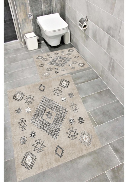 Kaymaz Tabanlı Suya Dayanıklı Dijital Baskılı Banyo Paspası Takımı | Bordo Halı 1481