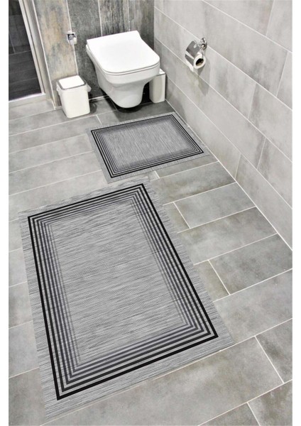 Kaymaz Tabanlı Suya Dayanıklı Dijital Baskılı Banyo Paspası Takımı | Bordo Halı