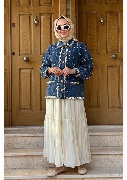 Incili Denim Ceket 25W6043 Lacivert