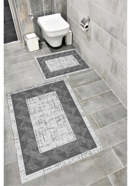 Su Emici Yumuşak Kaymaz Taban Sünger Dolgulu Yıkanabilir Dekoratif Banyo Paspası Takımı 1250ANTRASİT