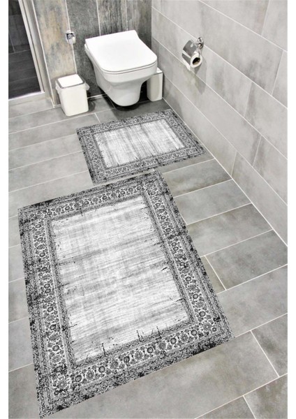 Kaymaz Tabanlı Suya Dayanıklı Dijital Baskılı Banyo Paspası Takımı | Bordo Halı 1636