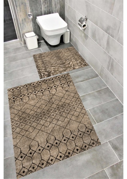 Kaymaz Tabanlı Suya Dayanıklı Dijital Baskılı Banyo Paspası Takımı | Bordo Halı 1539