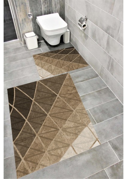 Kaymaz Tabanlı Suya Dayanıklı Dijital Baskılı Banyo Paspası Takımı | Bordo Halı 1493