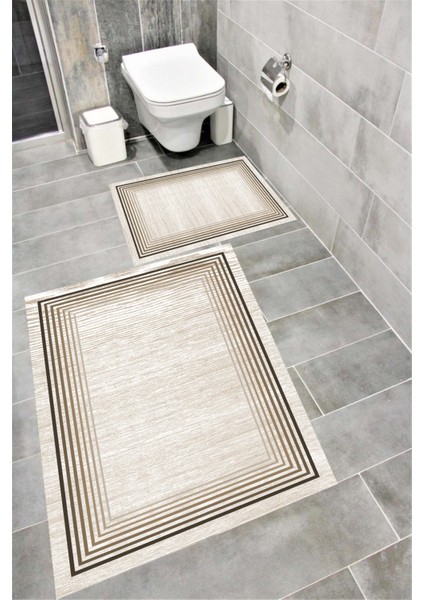 Kaymaz Tabanlı Suya Dayanıklı Dijital Baskılı Banyo Paspası Takımı | Bordo Halı 1479