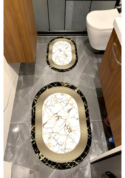 Su Emici Yumuşak Kaymaz Taban Sünger Dolgulu Yıkanabilir Dekoratif Banyo Paspası Takımı 1054 Oval