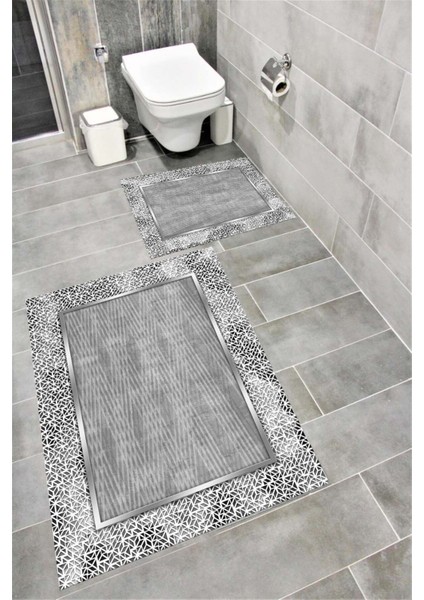 Su Emici Yumuşak Kaymaz Taban Sünger Dolgulu Yıkanabilir Dekoratif Banyo Paspası Takımı 1200GRİ