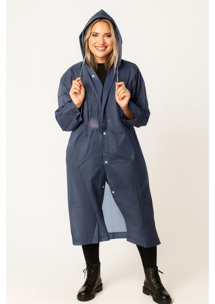 Unisex Su Geçirmez Kapüşonlu Lacivert Yağmurluk | Boy 120 cm – En 70 cm