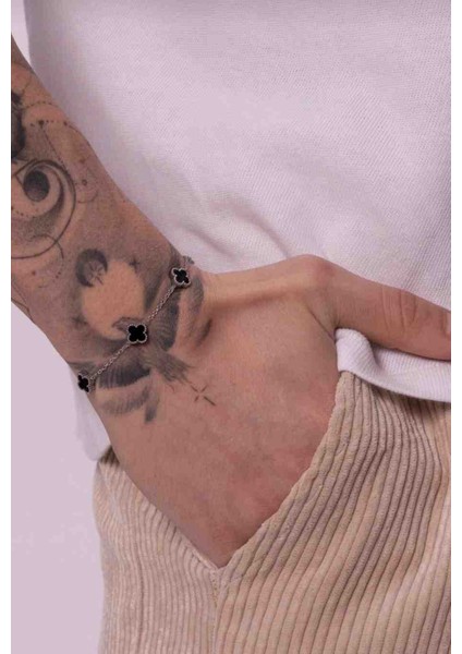 Unisex Gümüş Siyah Orta Boy Figürlü Çelik Bileklik