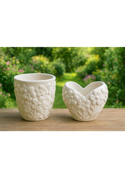 2'li El Yapımı Çiçek Tasarımlı Saksılık - Handmade Taş Tozu Sukulent Mumluk Dekoratif Biblo 8 cm