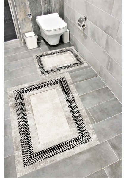 Kaymaz Tabanlı Suya Dayanıklı Dijital Baskılı Banyo Paspası Takımı | Bordo Halı 1447