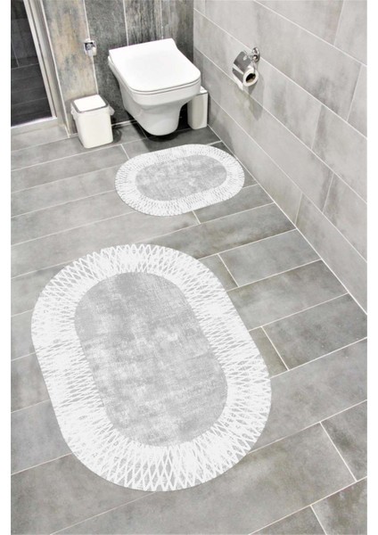 Su Emici Yumuşak Kaymaz Taban Sünger Dolgulu Yıkanabilir Dekoratif Banyo Paspası Takımı 1168GRİOVAL