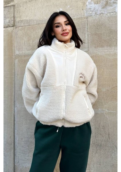Kadın Polar Peluş Mont - Yumuşak Peluş Kumaşlı Fermuarlı Oversize Ceket- Ekru